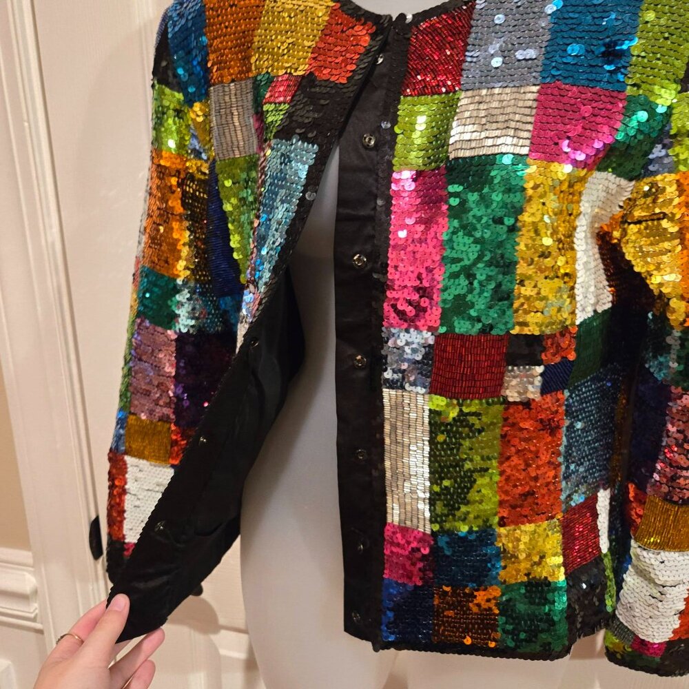 Vintage Adrienne Vittadini Rainbow Sequin Glitter Patchwork Jacket Small - Picture 8 of 15